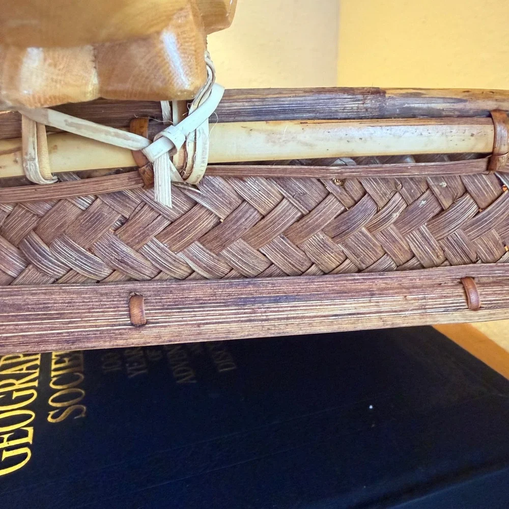 Vtg Splint Ash Square Basket Tray Hand Woven Carved Birds New England 9
